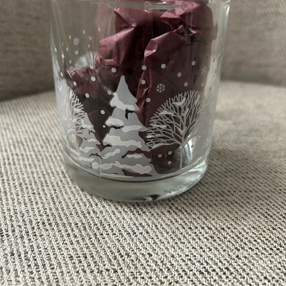 Libby Frosted Pines Glass mug, made in USA, gold tone rim, white, grey, clear - Picture 3 of 8